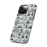 Bookshelf Phone Case - Blue and White Floral Books Protective Cover for iPhone, Samsung, Pixel