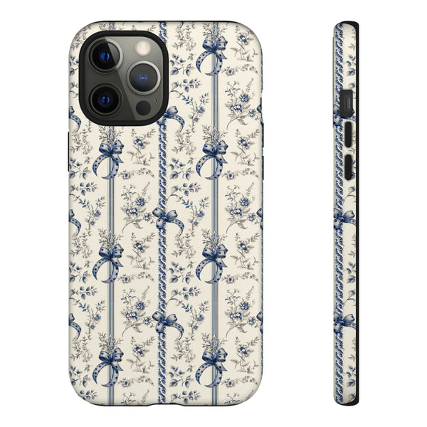 Blue Bow Phone Case - Vintage Floral Preppy Protective Phone Cover for iPhone, Samsung, Pixel