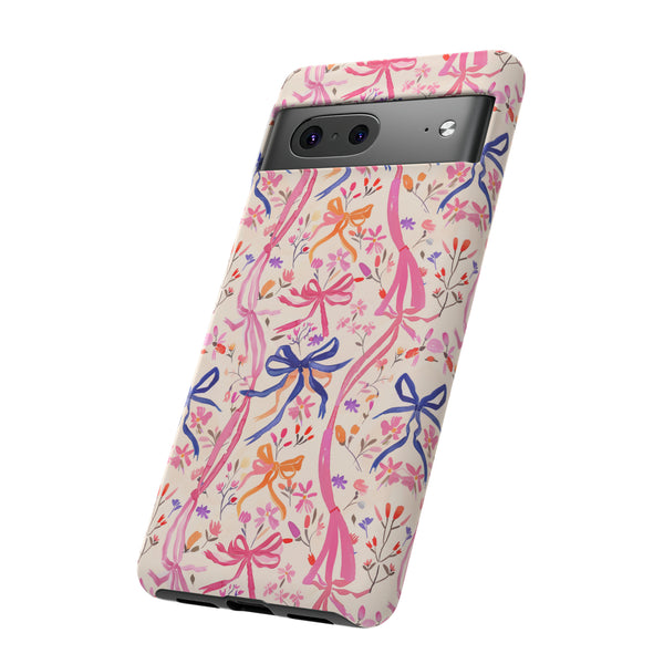 Whirly Bows Phone Case - Pink Preppy Flowers Protective Cover for iPhone, Samsung, Pixel