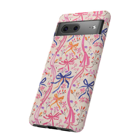 Whirly Bows Phone Case - Pink Preppy Flowers Protective Cover for iPhone, Samsung, Pixel