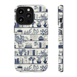 Bookshelf Phone Case - Blue and White Floral Books Protective Cover for iPhone, Samsung, Pixel