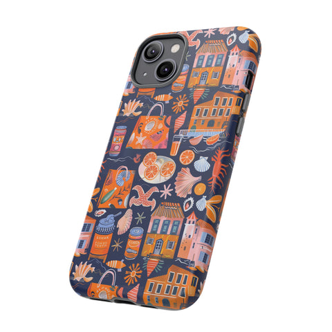 Citrus Coast Collage Phone Case - Blue Orange Trendy Coastal Art Protective Phone Cover for iPhone, Samsung, Pixel