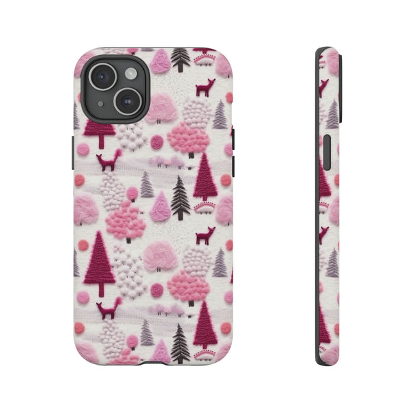 Pink Winter Woodland Aesthetic Embroidery Phone Case for iPhone, Samsung, Pixel