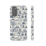 Bookshelf Phone Case - Blue and White Floral Books Protective Cover for iPhone, Samsung, Pixel