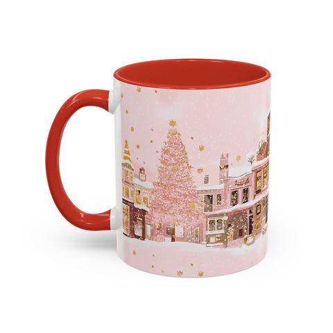 Pink Christmas Town Mug - Festive Holiday Village Art Cup for Coffee, Tea, Hot Chocolate