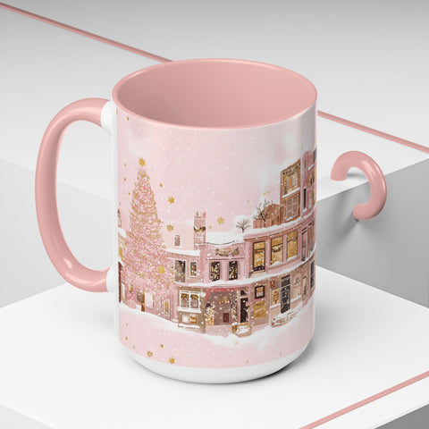 Pink Christmas Town Mug - Festive Holiday Village Art Cup for Coffee, Tea, Hot Chocolate