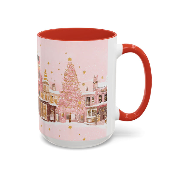 Pink Christmas Town Mug - Festive Holiday Village Art Cup for Coffee, Tea, Hot Chocolate