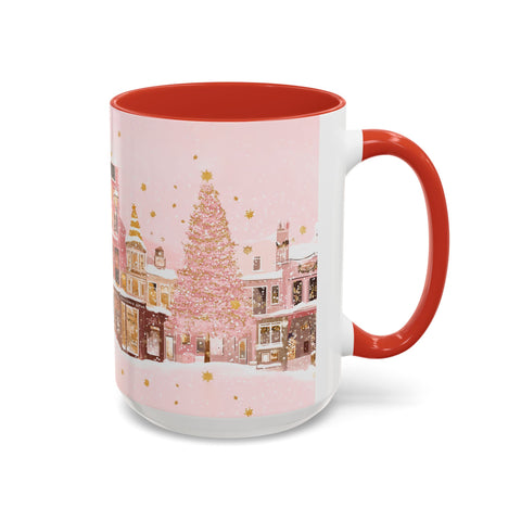 Pink Christmas Town Mug - Festive Holiday Village Art Cup for Coffee, Tea, Hot Chocolate