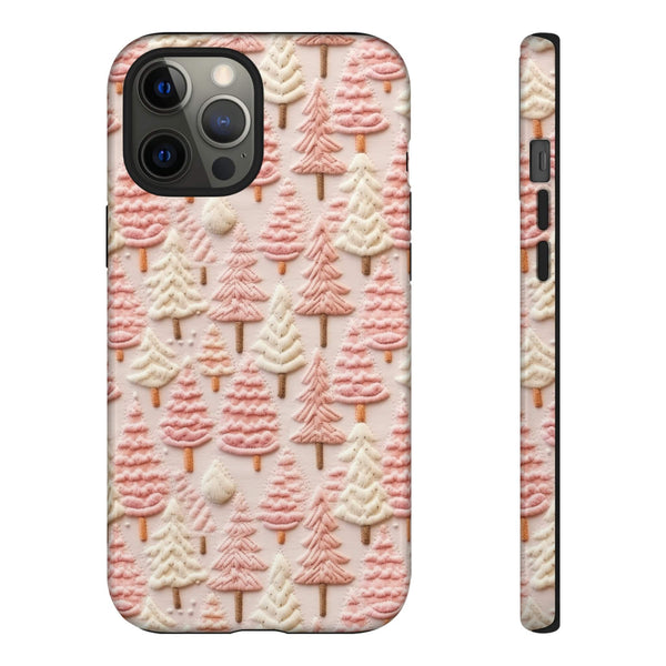 Pink Christmas Trees 3D Embroidery Phone Case for iPhone, Samsung, Pixel