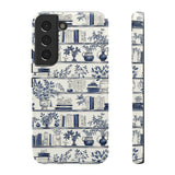 Bookshelf Phone Case - Blue and White Floral Books Protective Cover for iPhone, Samsung, Pixel