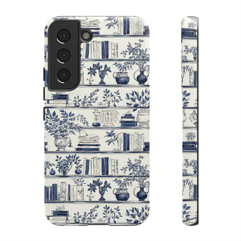 Bookshelf Phone Case - Blue and White Floral Books Protective Cover for iPhone, Samsung, Pixel