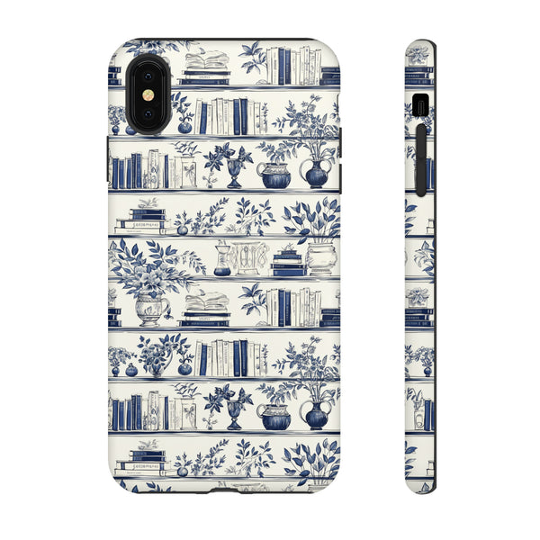 Bookshelf Phone Case - Blue and White Floral Books Protective Cover for iPhone, Samsung, Pixel