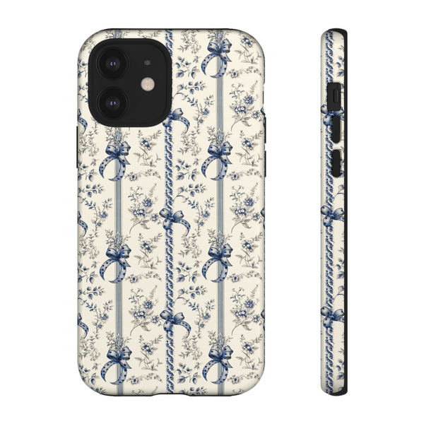 Blue Bow Phone Case - Vintage Floral Preppy Protective Phone Cover for iPhone, Samsung, Pixel