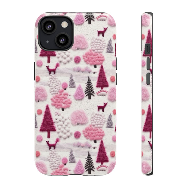 Pink Winter Woodland Aesthetic Embroidery Phone Case for iPhone, Samsung, Pixel