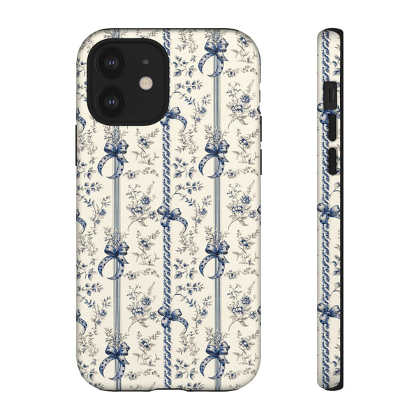 Blue Bow Phone Case - Vintage Floral Preppy Protective Phone Cover for iPhone, Samsung, Pixel
