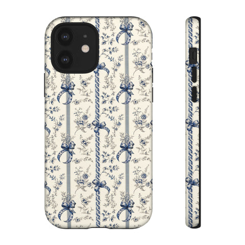Blue Bow Phone Case - Vintage Floral Preppy Protective Phone Cover for iPhone, Samsung, Pixel
