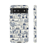 Bookshelf Phone Case - Blue and White Floral Books Protective Cover for iPhone, Samsung, Pixel