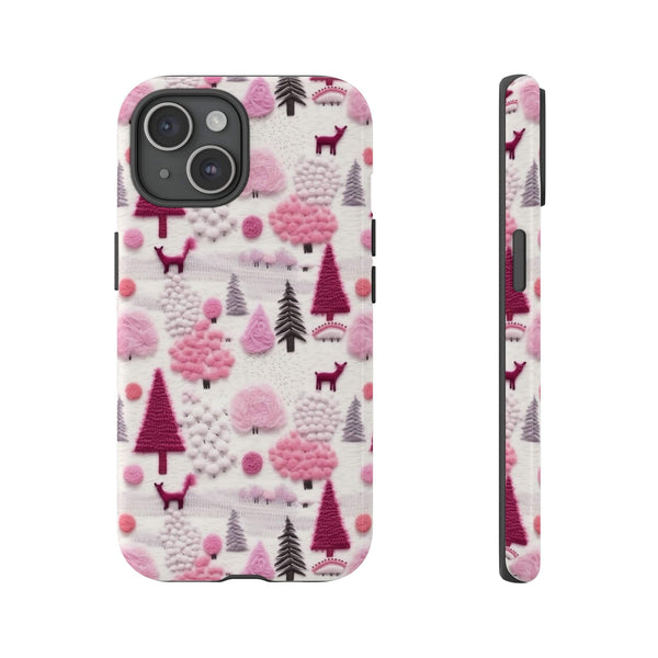 Pink Winter Woodland Aesthetic Embroidery Phone Case for iPhone, Samsung, Pixel iPhone 15 / Glossy