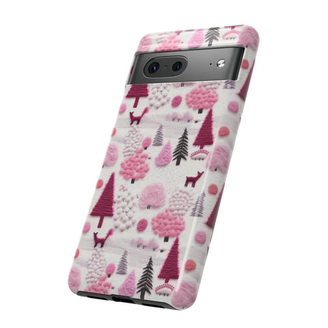 Pink Winter Woodland Aesthetic Embroidery Phone Case for iPhone, Samsung, Pixel