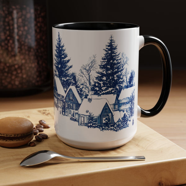 Blue Snowy Winter Village Mug - Holiday Christmas Art Cup for Coffee, Tea, Hot Cocoa