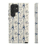 Blue Bow Phone Case - Vintage Floral Preppy Protective Phone Cover for iPhone, Samsung, Pixel