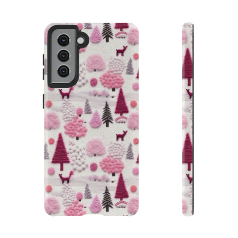 Pink Winter Woodland Aesthetic Embroidery Phone Case for iPhone, Samsung, Pixel