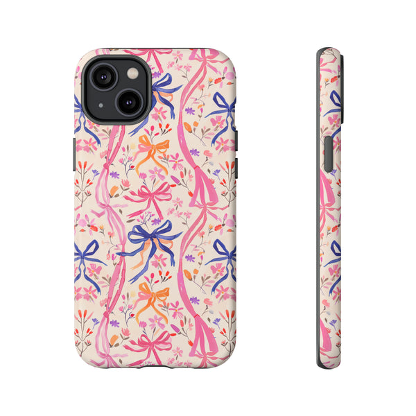 Whirly Bows Phone Case - Pink Preppy Flowers Protective Cover for iPhone, Samsung, Pixel