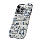 Bookshelf Phone Case - Blue and White Floral Books Protective Cover for iPhone, Samsung, Pixel