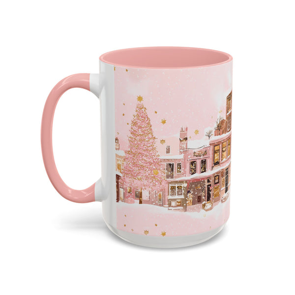 Pink Christmas Town Mug - Festive Holiday Village Art Cup for Coffee, Tea, Hot Chocolate