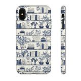 Bookshelf Phone Case - Blue and White Floral Books Protective Cover for iPhone, Samsung, Pixel