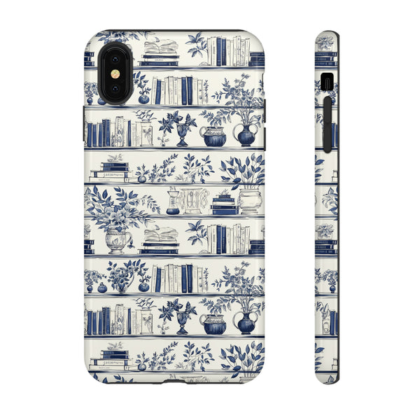 Bookshelf Phone Case - Blue and White Floral Books Protective Cover for iPhone, Samsung, Pixel