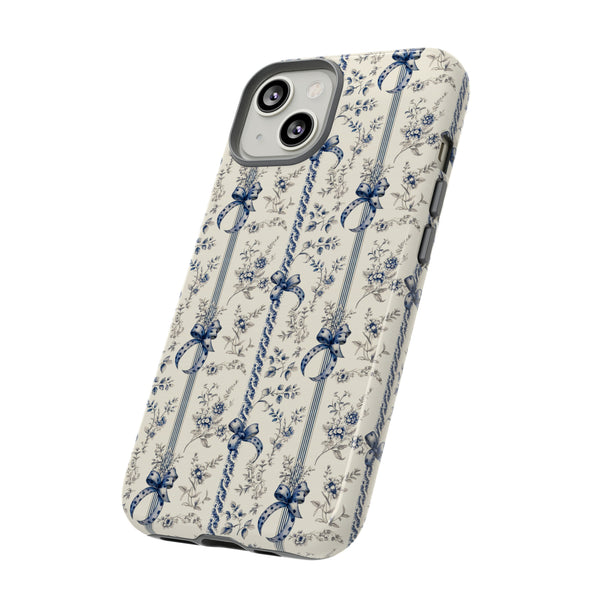 Blue Bow Phone Case - Vintage Floral Preppy Protective Phone Cover for iPhone, Samsung, Pixel