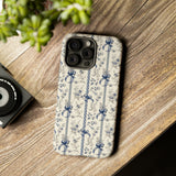 Blue Bow Phone Case - Vintage Floral Preppy Protective Phone Cover for iPhone, Samsung, Pixel