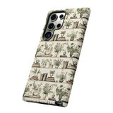 Bookshelf Phone Case - Neutral Beige Books and Plants Protective Cover for iPhone, Samsung, Pixel