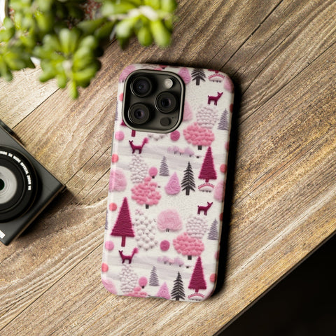 Pink Winter Woodland Aesthetic Embroidery Phone Case for iPhone, Samsung, Pixel
