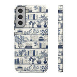 Bookshelf Phone Case - Blue and White Floral Books Protective Cover for iPhone, Samsung, Pixel