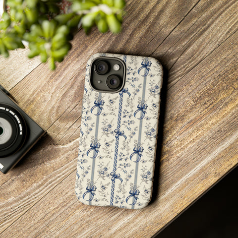 Blue Bow Phone Case - Vintage Floral Preppy Protective Phone Cover for iPhone, Samsung, Pixel
