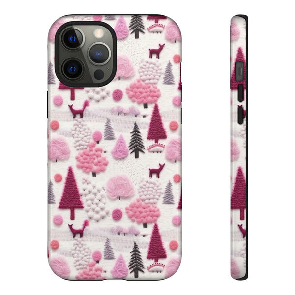 Pink Winter Woodland Aesthetic Embroidery Phone Case for iPhone, Samsung, Pixel