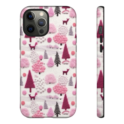 Pink Winter Woodland Aesthetic Embroidery Phone Case for iPhone, Samsung, Pixel