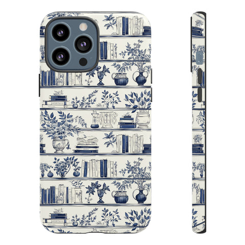 Bookshelf Phone Case - Blue and White Floral Books Protective Cover for iPhone, Samsung, Pixel