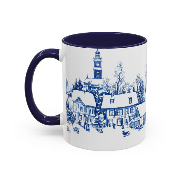Blue Snowy Winter Village Mug - Holiday Christmas Art Cup for Coffee, Tea, Hot Cocoa
