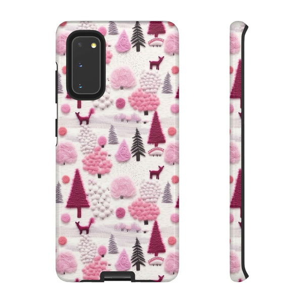 Pink Winter Woodland Aesthetic Embroidery Phone Case for iPhone, Samsung, Pixel