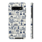 Bookshelf Phone Case - Blue and White Floral Books Protective Cover for iPhone, Samsung, Pixel