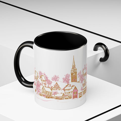 Pink Christmas Village Mug - Festive Aesthetic Holiday Cup for Coffee, Tea, Hot Cocoa