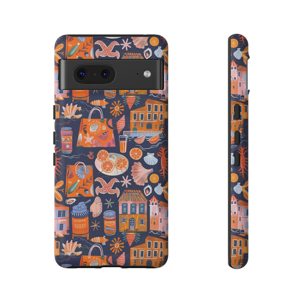Citrus Coast Collage Phone Case - Blue Orange Trendy Coastal Art Protective Phone Cover for iPhone, Samsung, Pixel