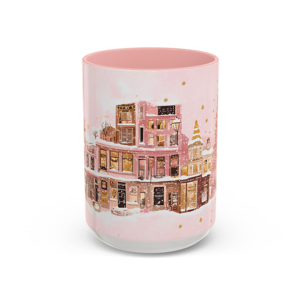 Pink Christmas Town Mug - Festive Holiday Village Art Cup for Coffee, Tea, Hot Chocolate