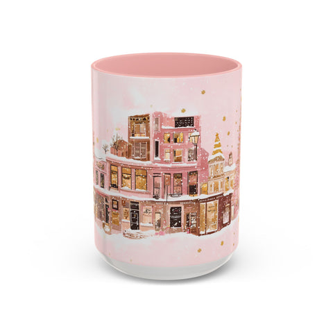 Pink Christmas Town Mug - Festive Holiday Village Art Cup for Coffee, Tea, Hot Chocolate