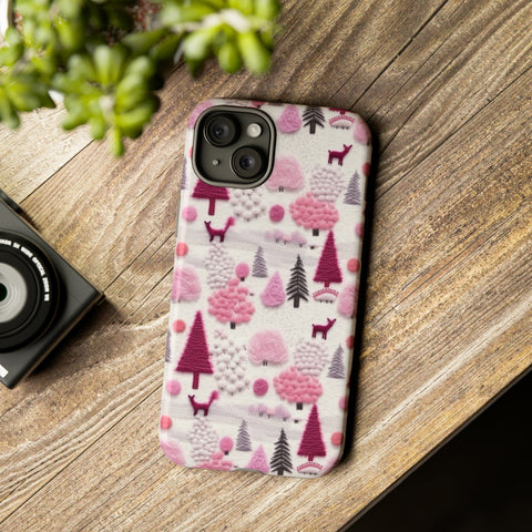 Pink Winter Woodland Aesthetic Embroidery Phone Case for iPhone, Samsung, Pixel