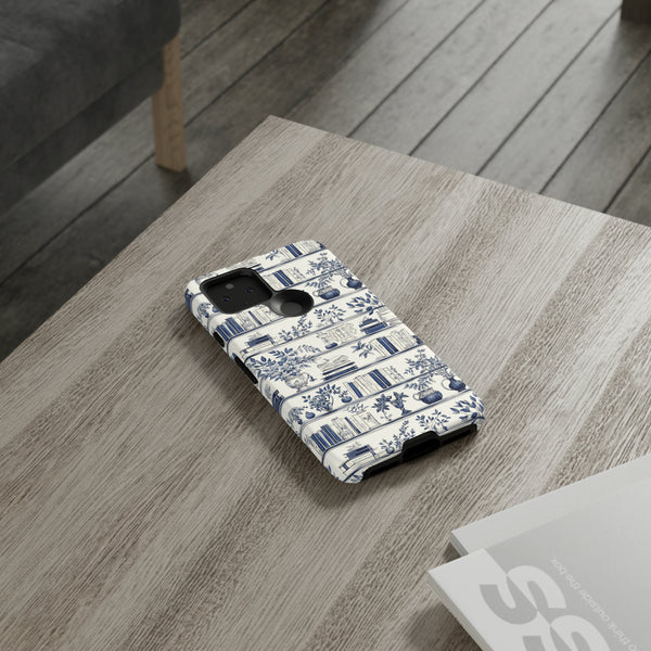 Bookshelf Phone Case - Blue and White Floral Books Protective Cover for iPhone, Samsung, Pixel