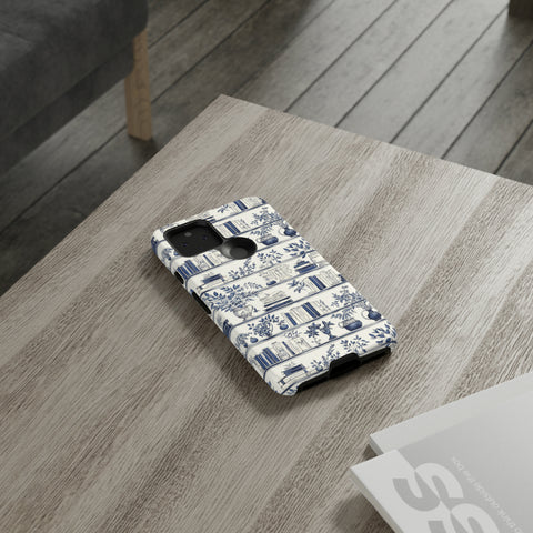 Bookshelf Phone Case - Blue and White Floral Books Protective Cover for iPhone, Samsung, Pixel